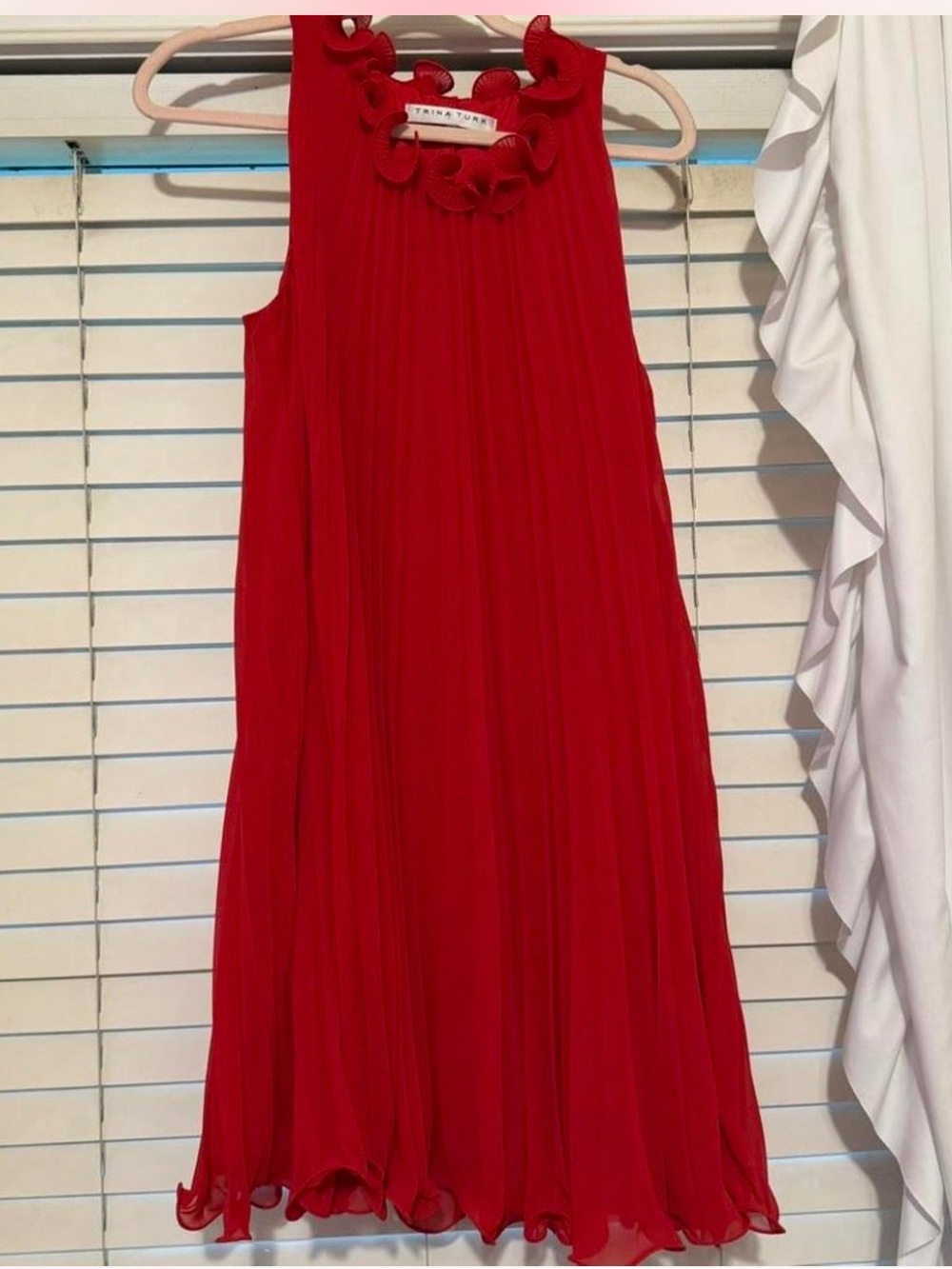 Trina Turk Red Sleeveless Pleated Chiffon Dress with Floral Neckline